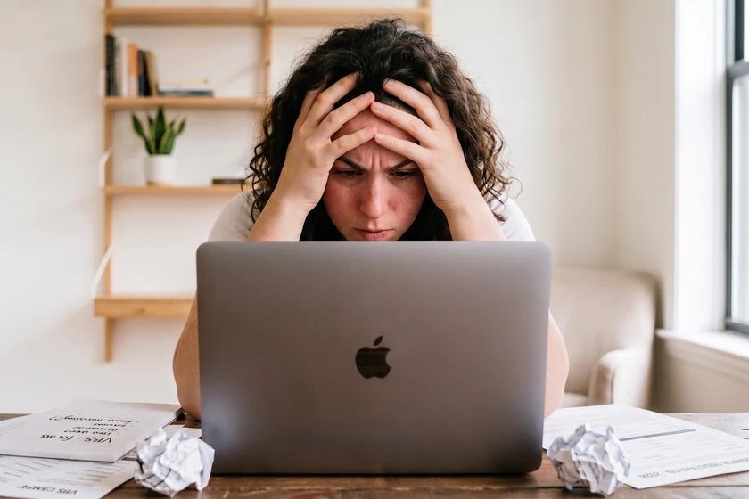 A woman with her head in her hands at a laptop, her desk covered in crumpled paper and VBS registration forms